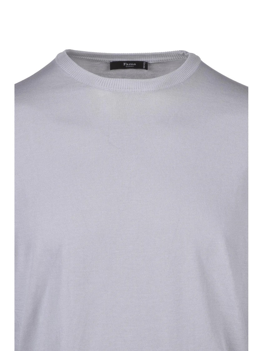 Fama Light Grey Crew Neck Sweater With Ribbed Details