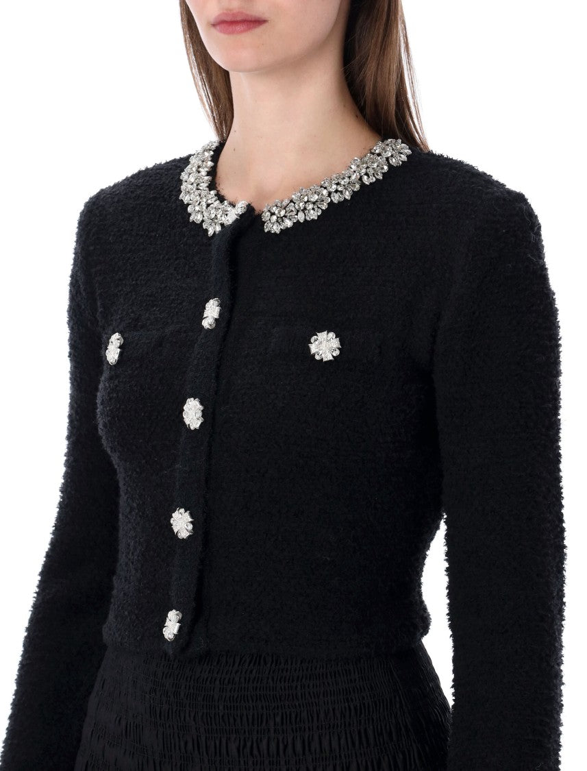 Self-Portrait Crystal Embellished Cropped Stretch Knit Cardigan