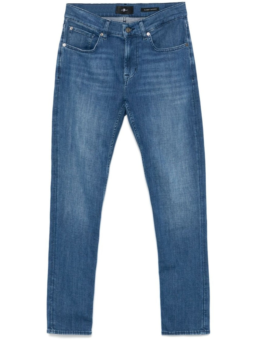 7 For All Mankind Slim Fit Blue Jeans With Whiskering Effect