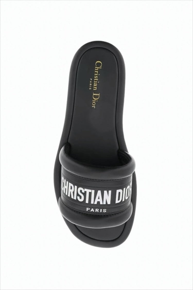 Christian Dior Lambskin Black Slide Sandals With Bold Lettering