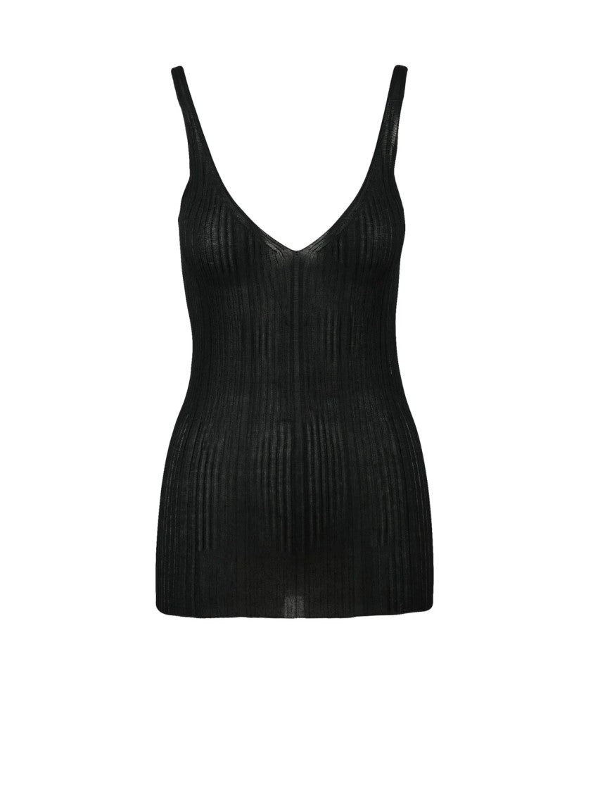 Alpha Studio Fitted Sleeveless Top With Deep V-Neckline And Vertical Ribbed Texture
