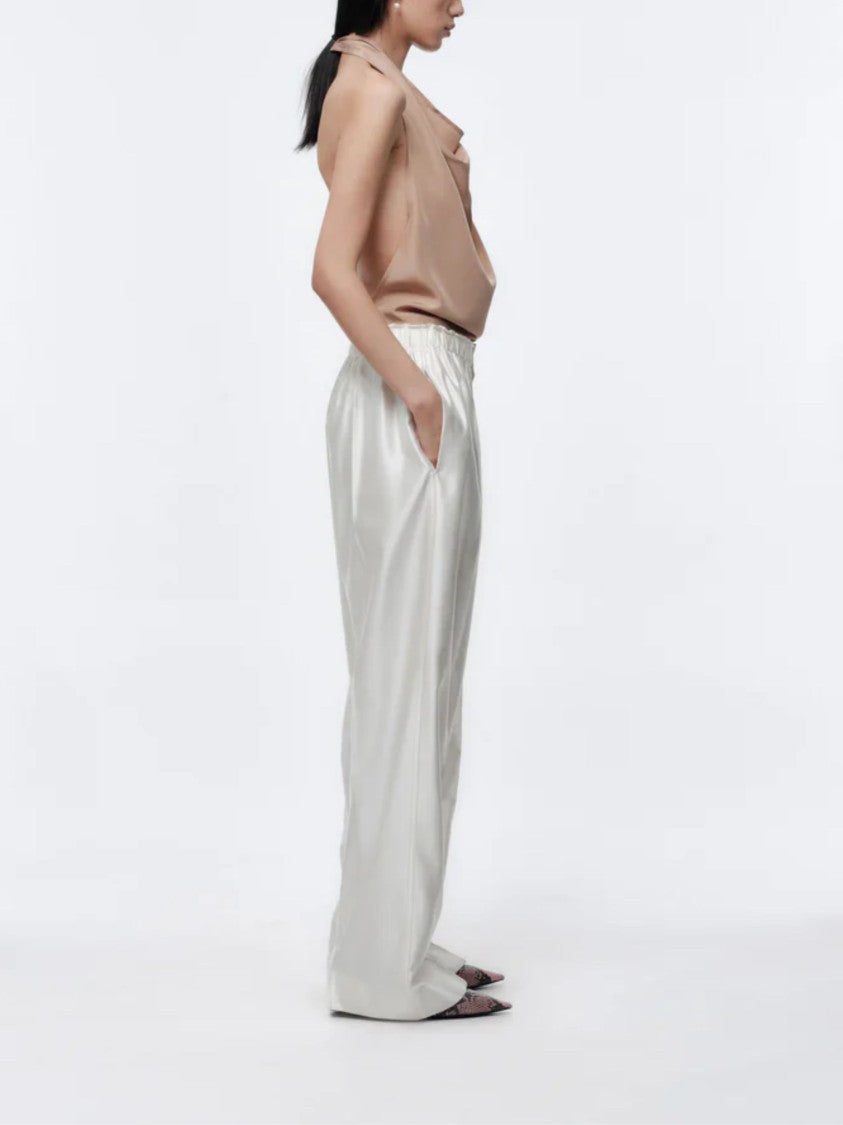Carven White Cotton Satin Drawstring Wide-Leg Pants