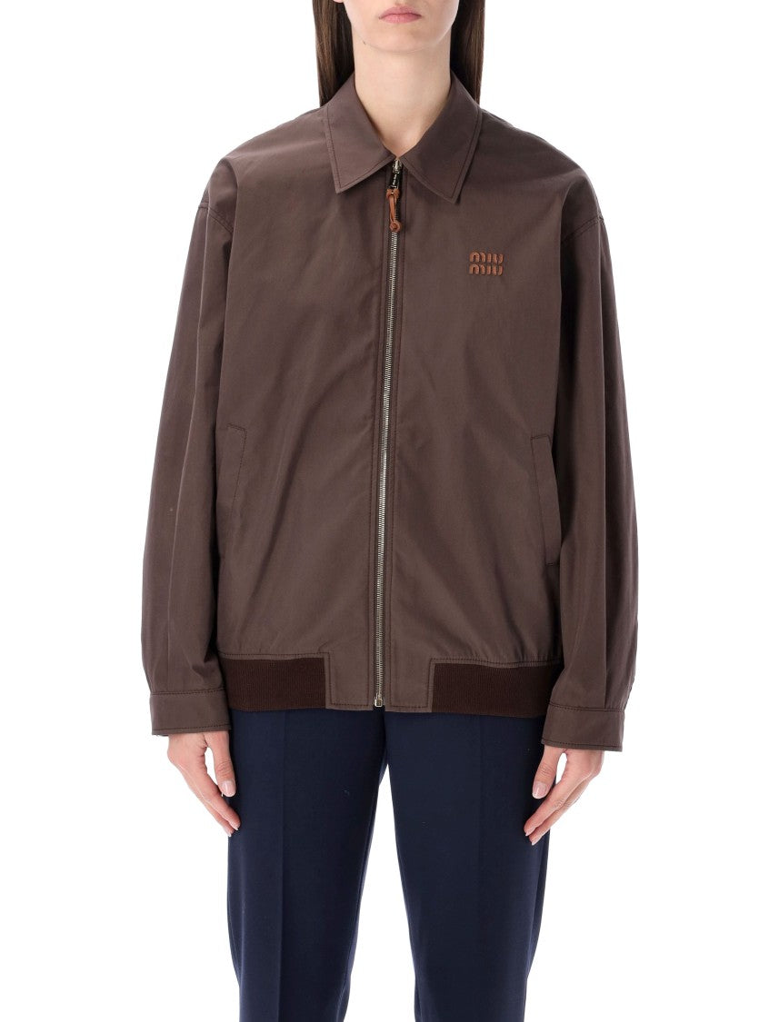 Miu Miu Panama Cotton Blouson Jacket With Leather-Trimmed Cuffs