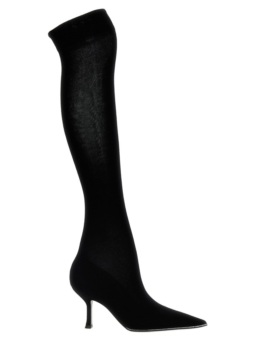 René Caovilla High-Leg Knitted Boots With Rhinestone Detailing