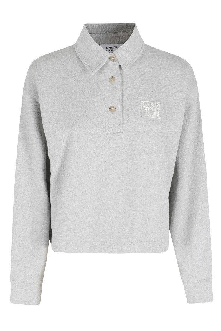 Maison Kitsuné Gray Stamp Polo Logo-Patch Cotton-Blend Polo Shirt