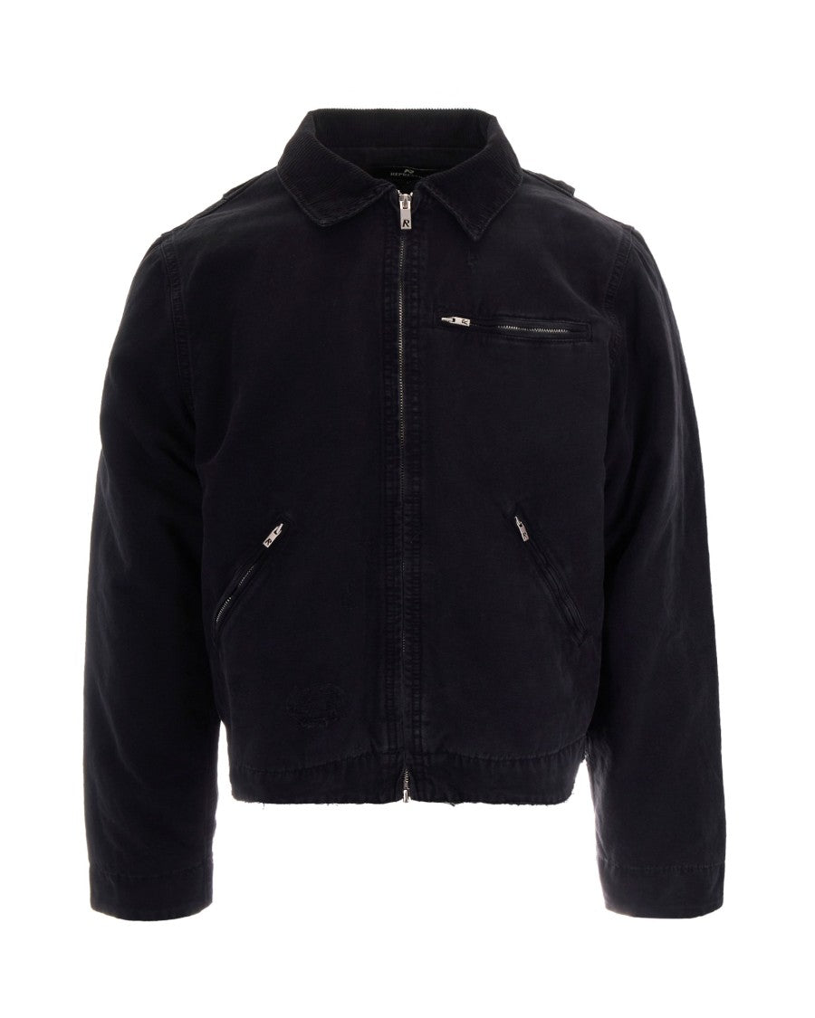 Represent Cropped Black Cotton Canvas Jacket With Zip Closure And Utility Pockets