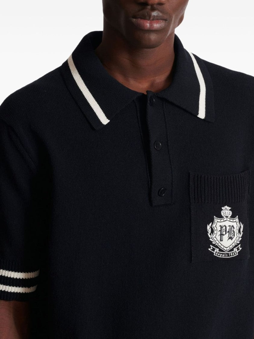 Balmain Black Ribbed Emblem Knit Polo Shirt