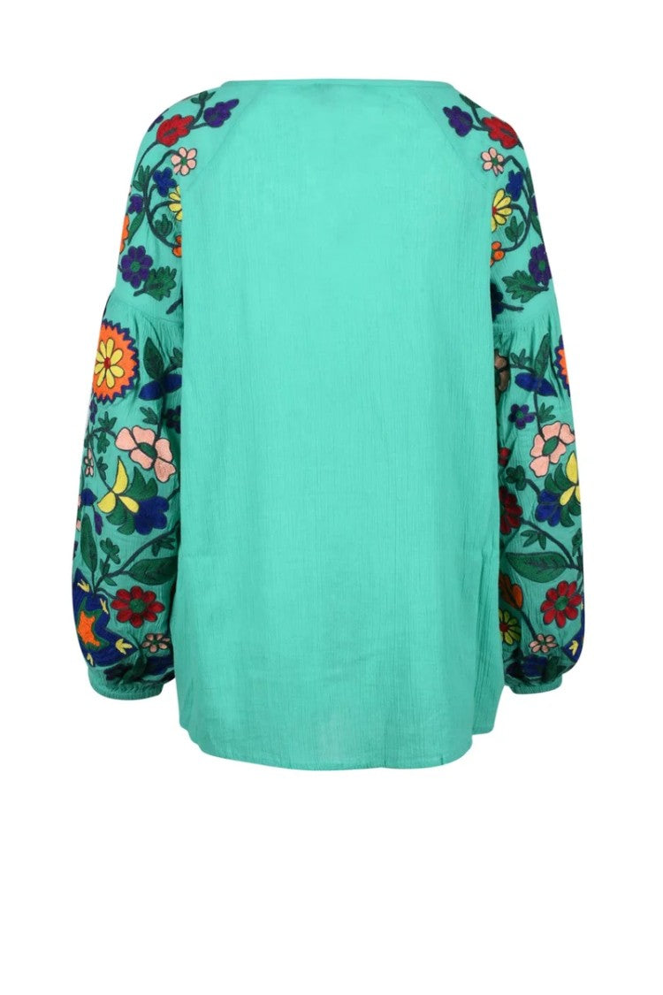 Douuod Cotton Blouse Puff Sleeves - Aqua Green