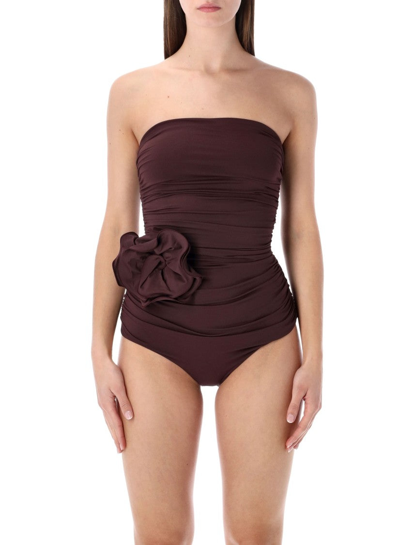 Magda Butrym Strapless Draped Floral Swimsuit One