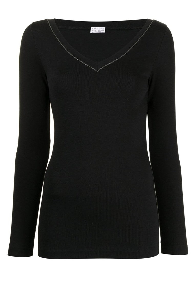 Brunello Cucinelli Fitted Black Ribbed Top With V-Neckline