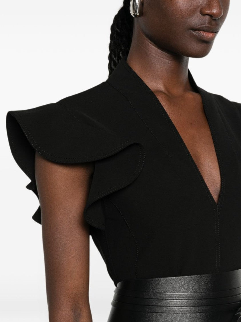 Moschino Black V-Neck Midi Dress With Ruffled Sleeves