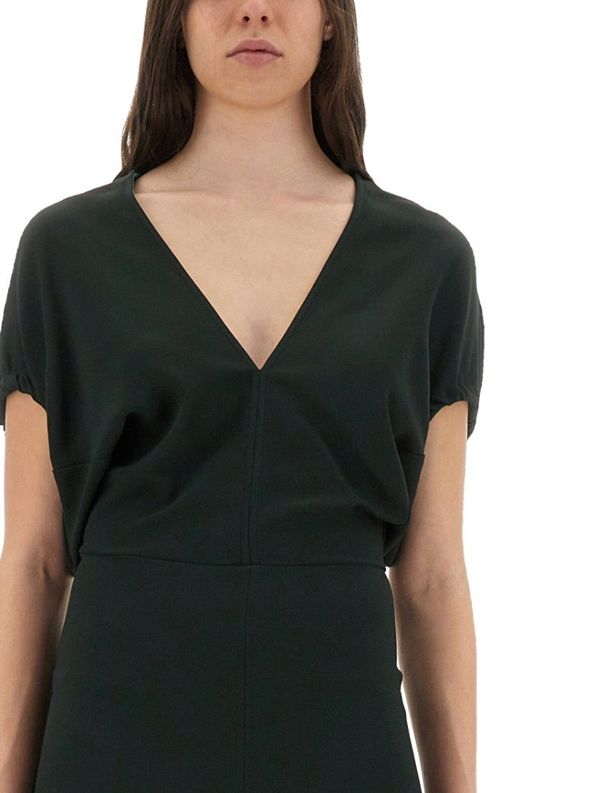 Victoria Beckham V-Neck Blouson Midi Dress
