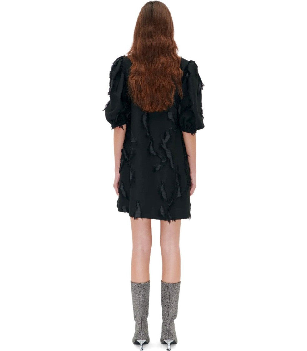 Stine Goya V-Neck Mini Dress With Frayed Applications And Balloon Sleeves