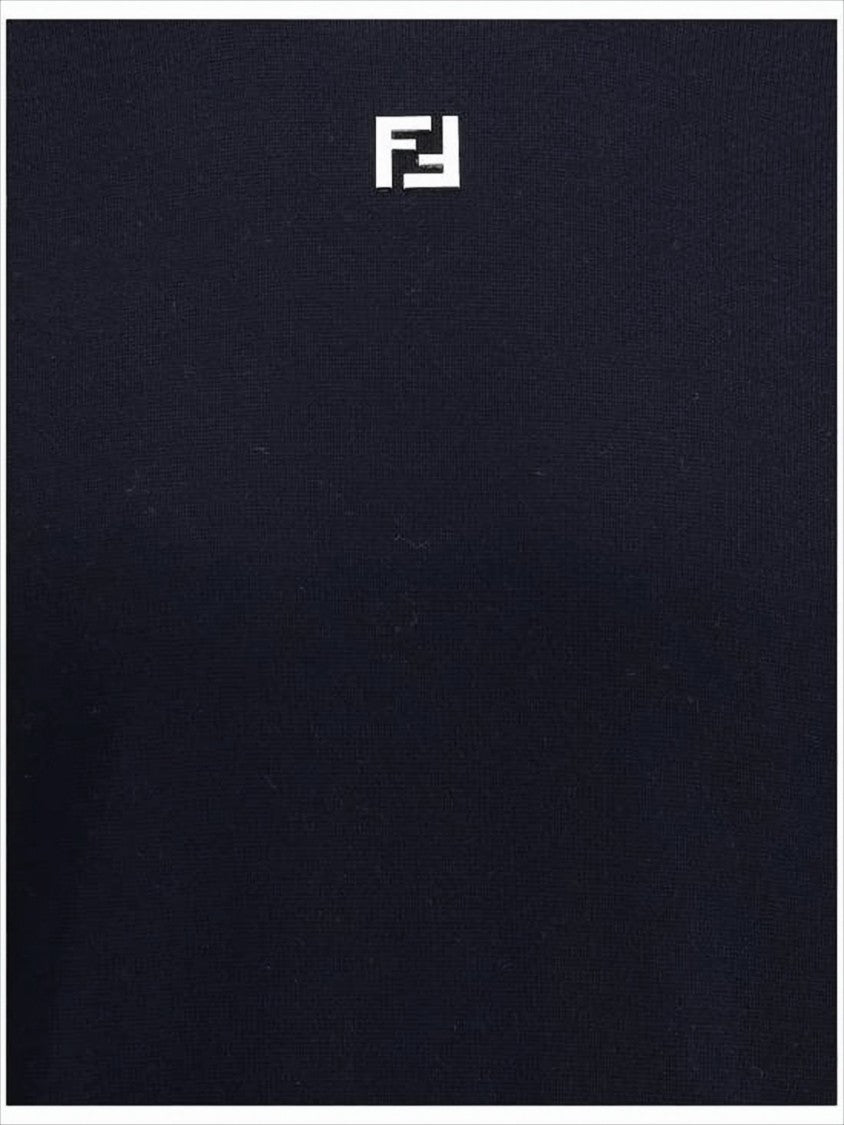 Fendi Deep Navy Wool Blend Crewneck Sweater With Subtle Logo Detail
