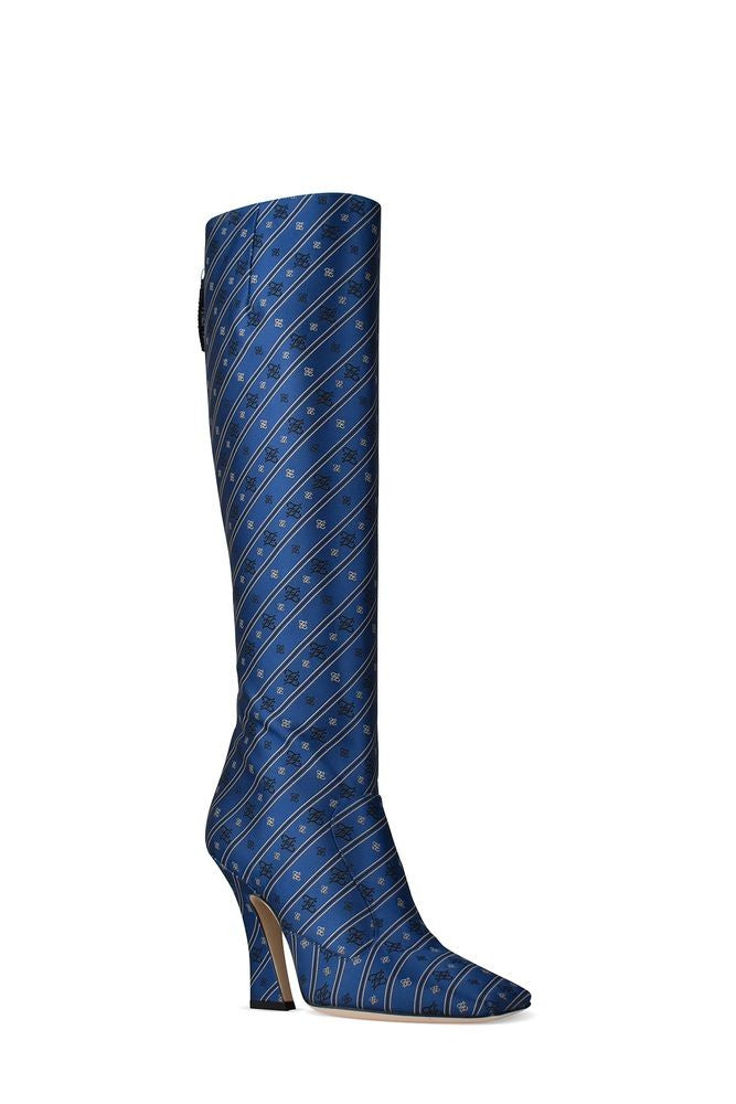 Fendi Royal Blue Knee-High Boots With Calligraphic Embroidery
