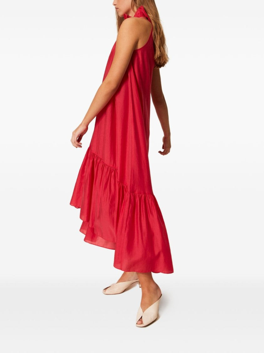 Twin-Set Magenta Voile Midi Dress With Asymmetric Hem
