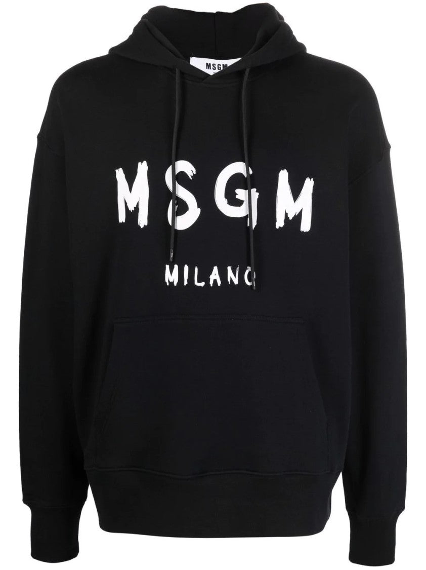 Msgm Relaxed-Fit Black Hoodie With Graphic Logo