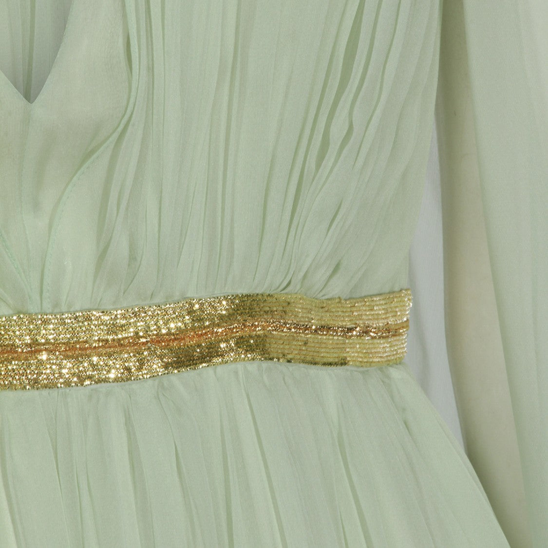 Alberta Ferretti Maxi Dress With Sheer Draped Sleeves And Gold Belt