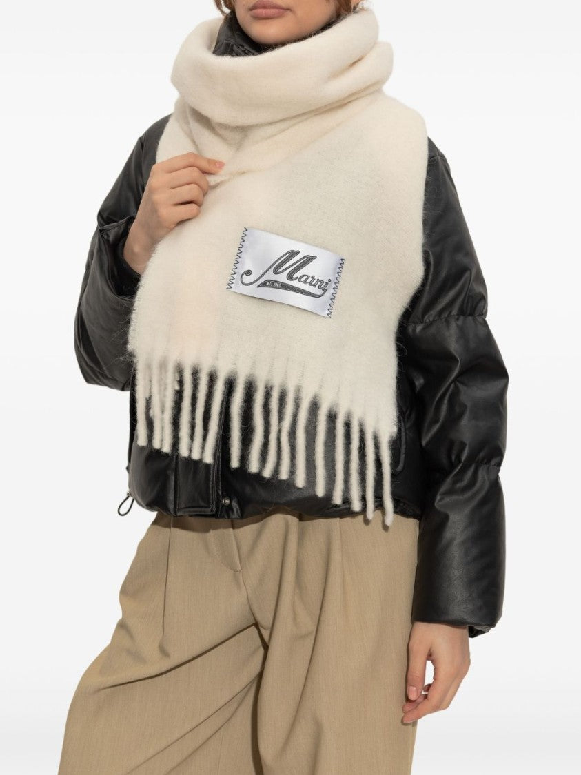 Marni Fringed White Alpaca-Blend Scarf With Stitched Label