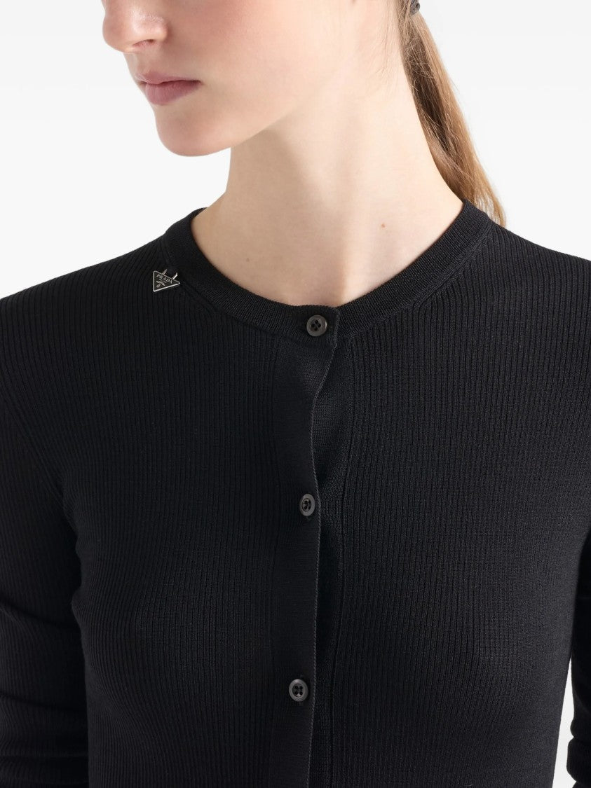Prada Black Superfine Wool Ribbed Cardigan