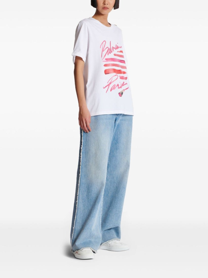 Balmain White Graphic Print Button Detail Top