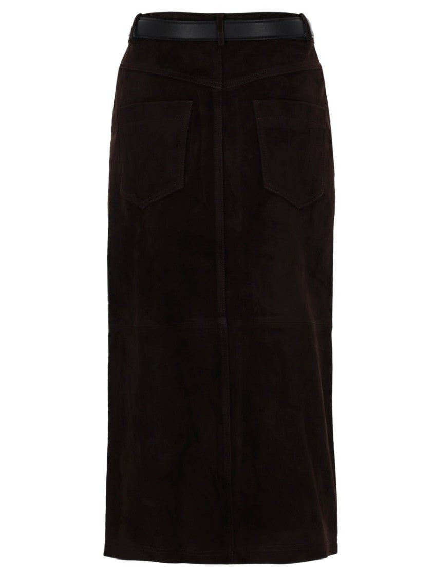 Self-Portrait Button-Down Slim Belt Suede Midi Skirt