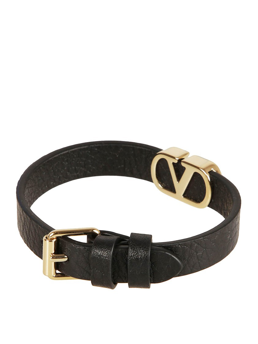 Valentino Garavani Textured Black Leather Bracelet With Vlogo Signature And Adjustable Closure
