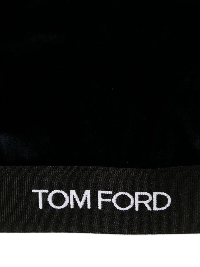 Tom Ford Midnight Blue Velvet U-Neck Top With Logo Underband