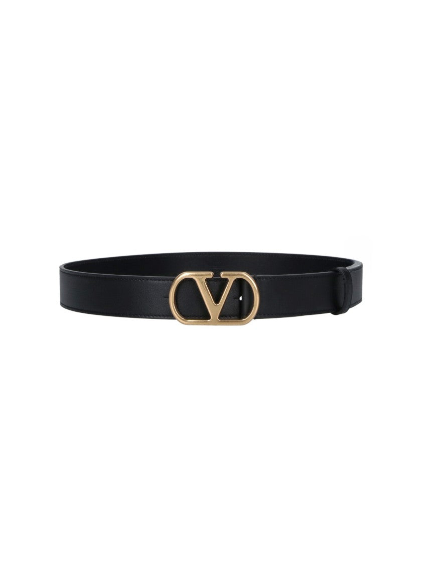 Valentino Garavani Black Vlogo Signature Gold Buckle Leather Belt