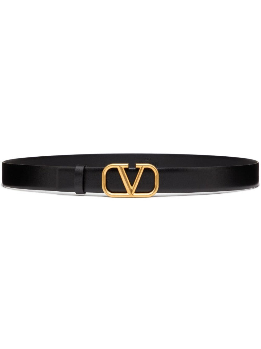 Valentino Garavani Black Leather Belt With Distinctive Gold Hardware Buckle