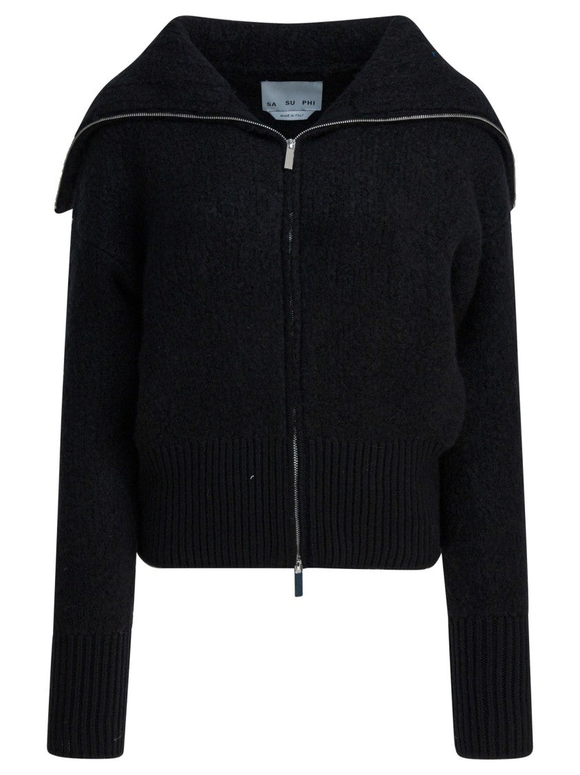 Sa Su Phi Textured Knit Jacket With Wide Collar And Front Zipper Closure