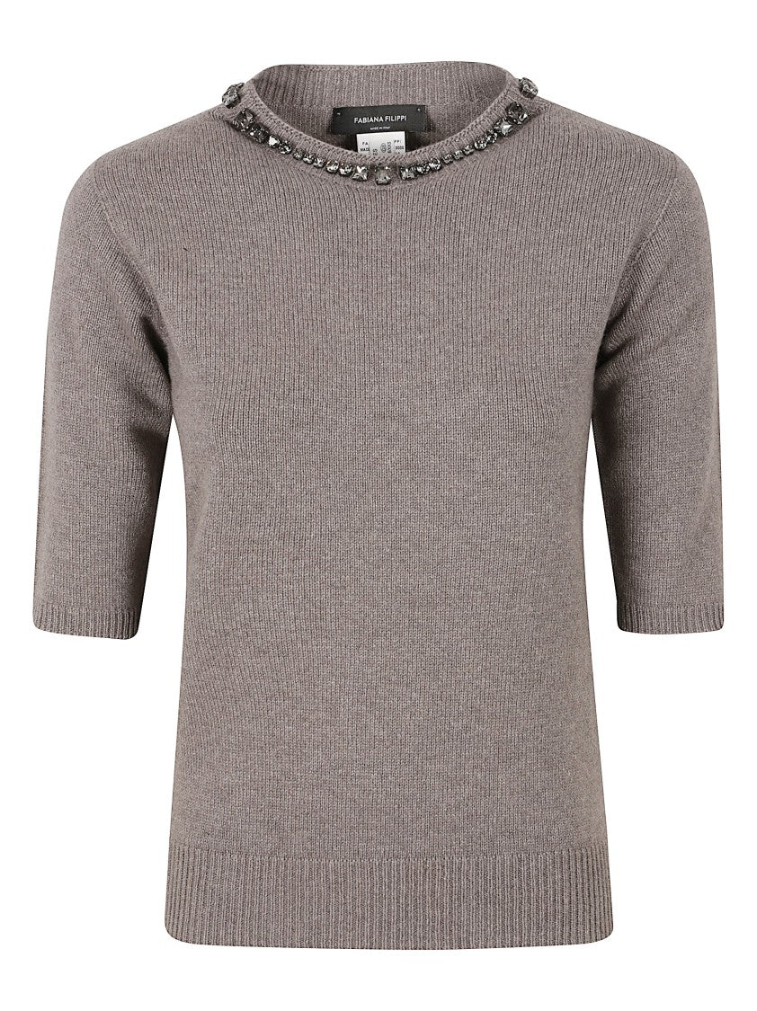 Fabiana Filippi Short-Sleeved Ribbed Knit Top With Decorative Gemstones