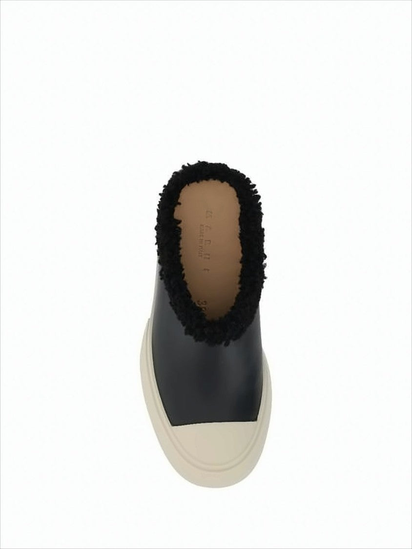 Marni Smooth Leather Mule With Textured Trim And Rubber Sole