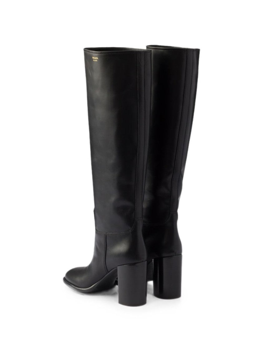 Prada Black Gold Logo Block Heel Leather Boots