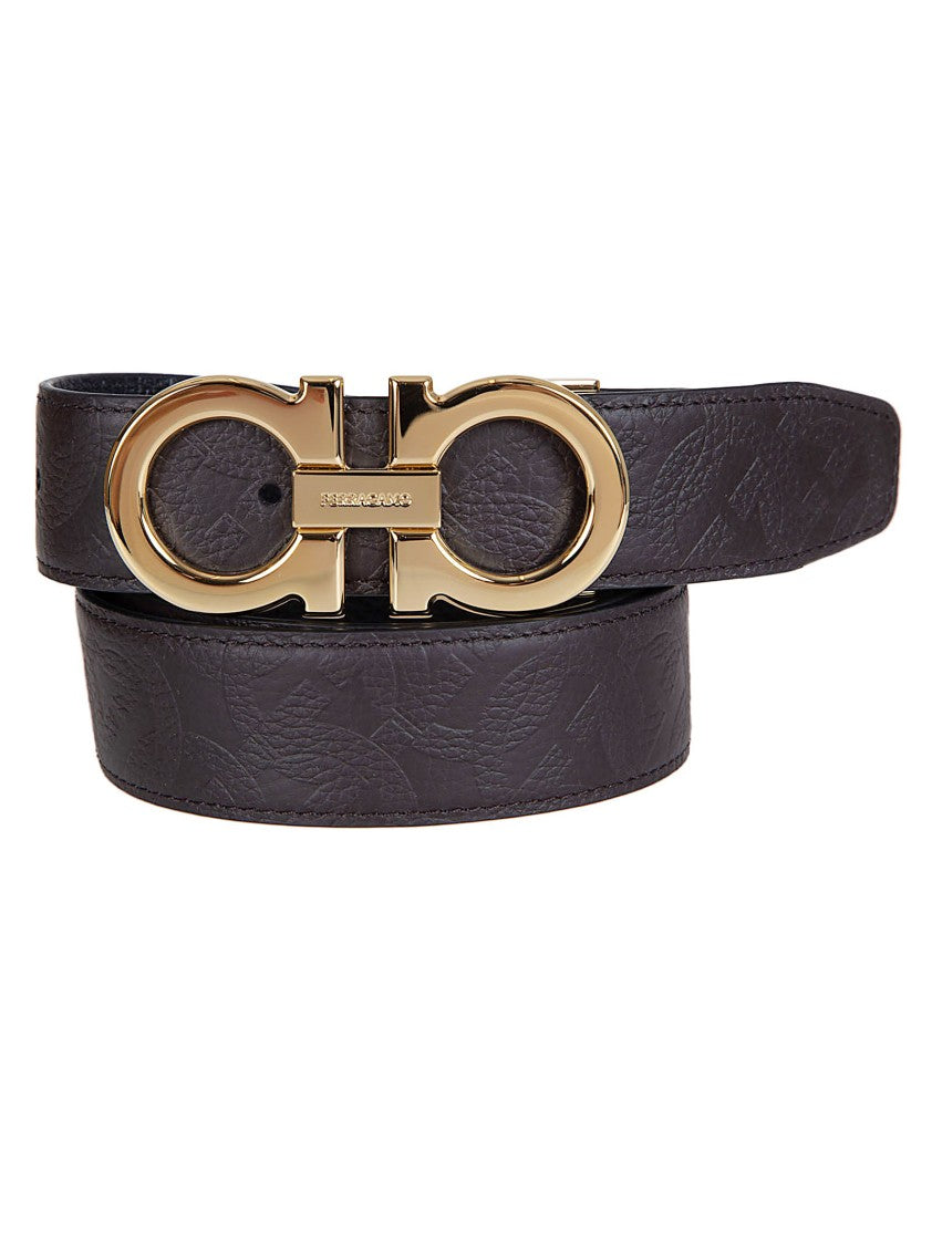 Ferragamo Textured Leather Reversible Belt With Gold-Tone Double Gancini Buckle