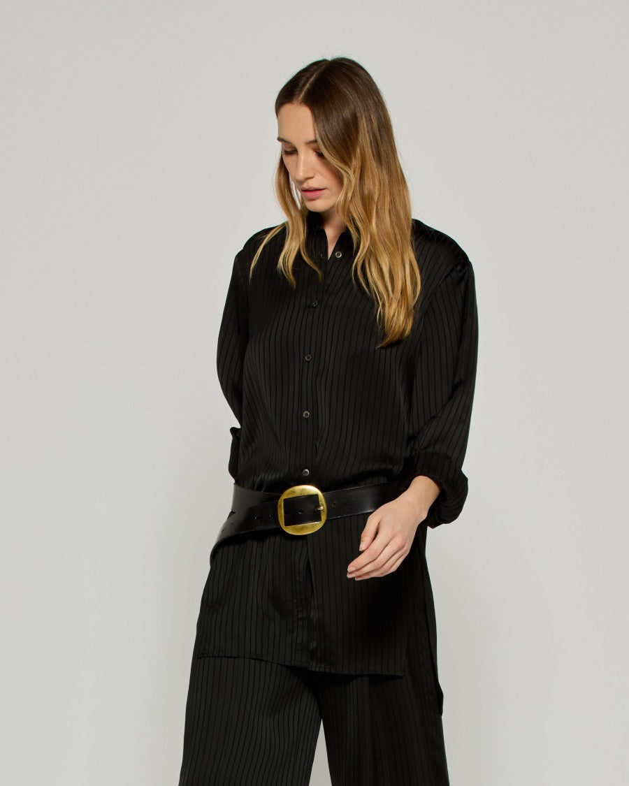 Serena Bute Satin Stripe Open Back Shirt - Black