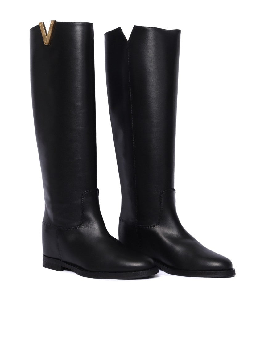 Via Roma 15 Tall Black Leather Boots With Gold-Tone Accent