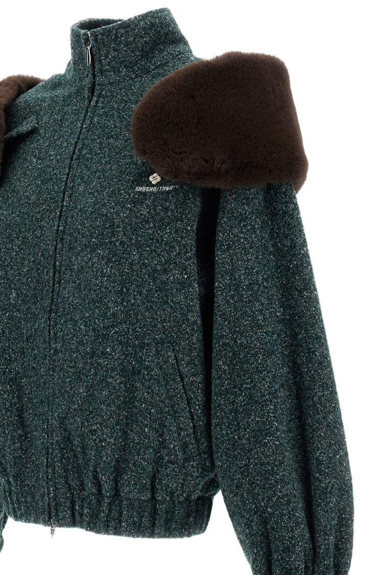 Shushu/Tong Green Faux Fur Trim Shoulder Loose Coat