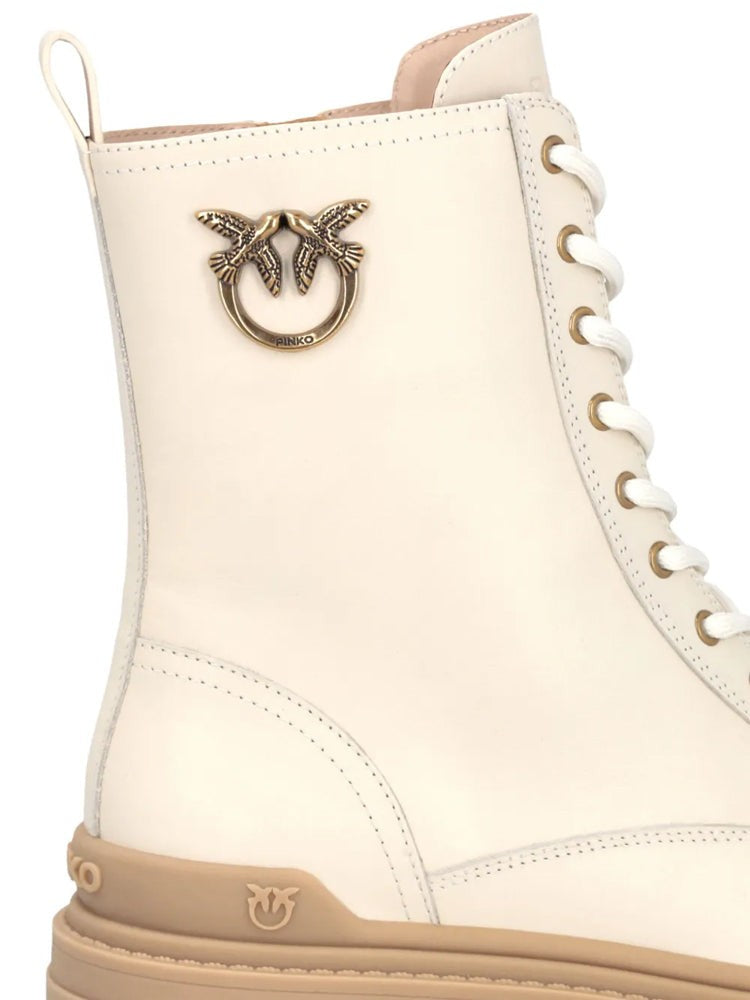 Pinko Beige Mia 11 Chunky Sole Emblem Leather Ankle Boots