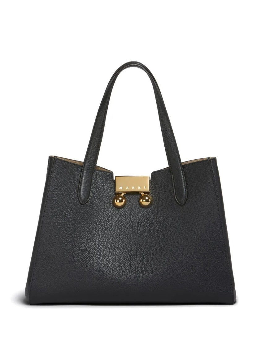 Marni Structured Black Calf Leather Handbag With Gold-Tone Accents