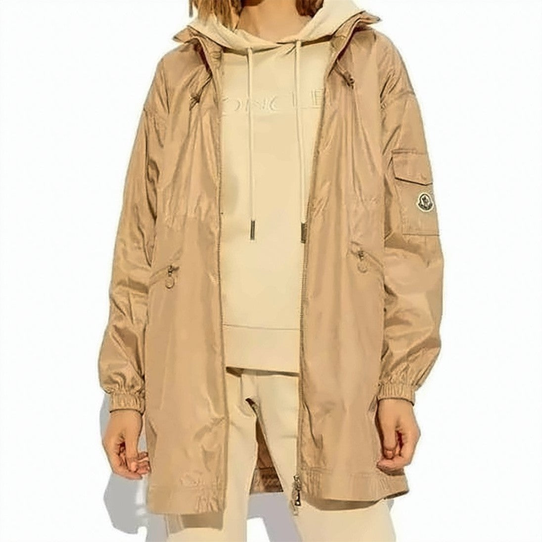 Moncler Long Brown Polyamide Jacket With Adjustable Drawstrings