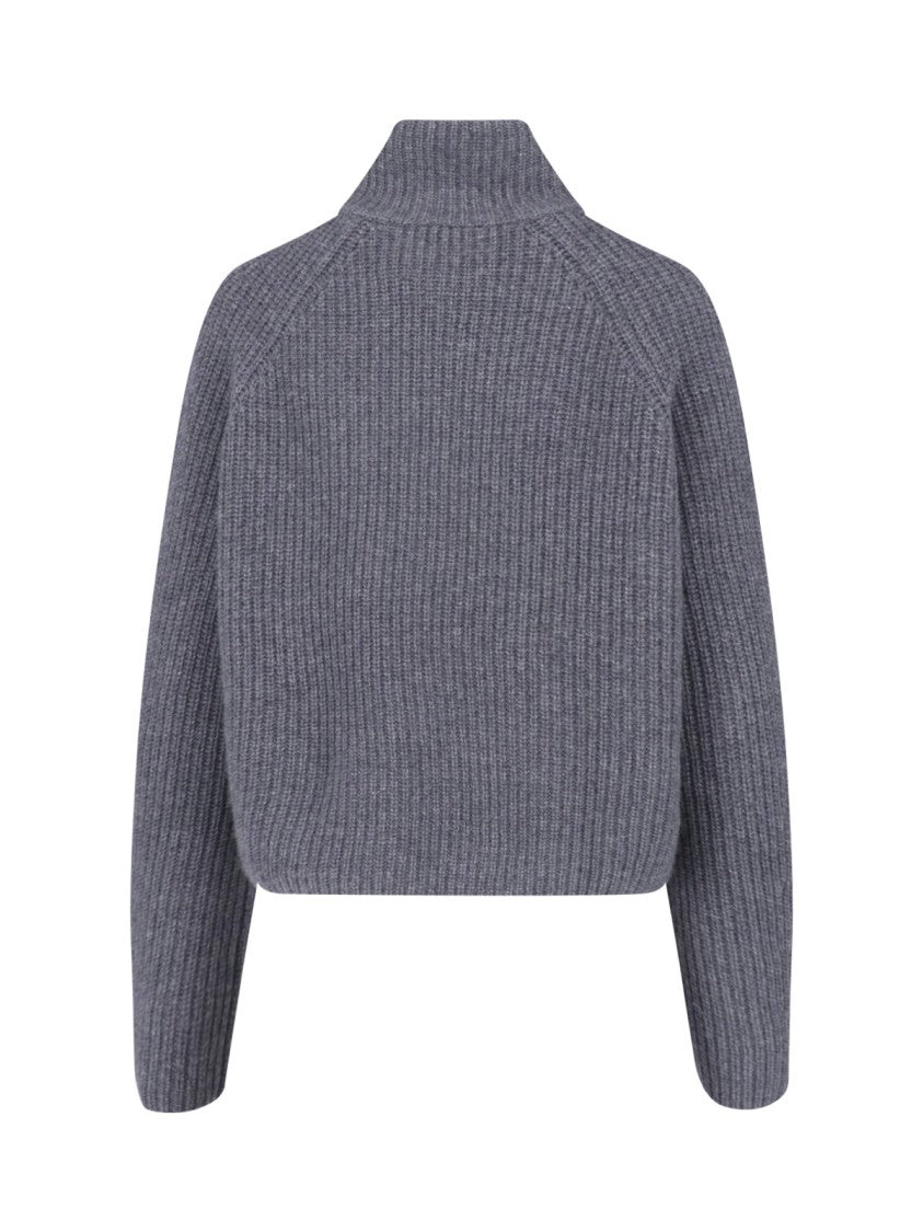 Lisa Yang Grey Cropped High Collar Zip Knit Sweater