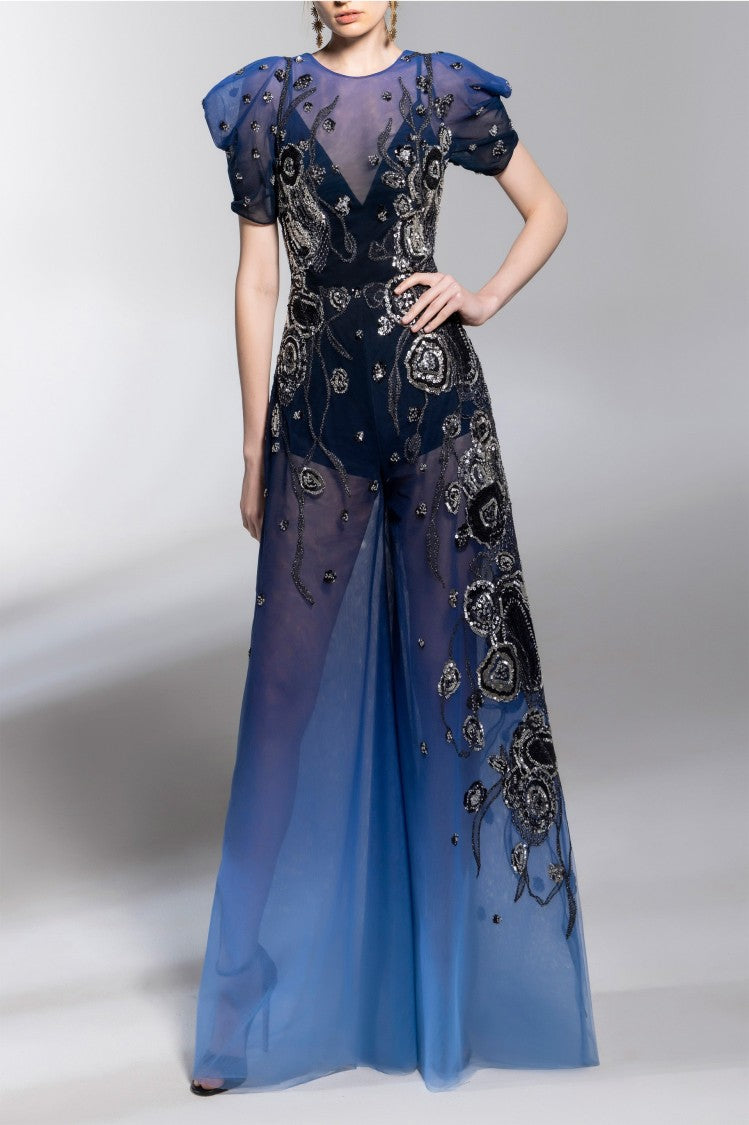 Saiid Kobeisy Gradient Printed Tulle Jumpsuit With Beading