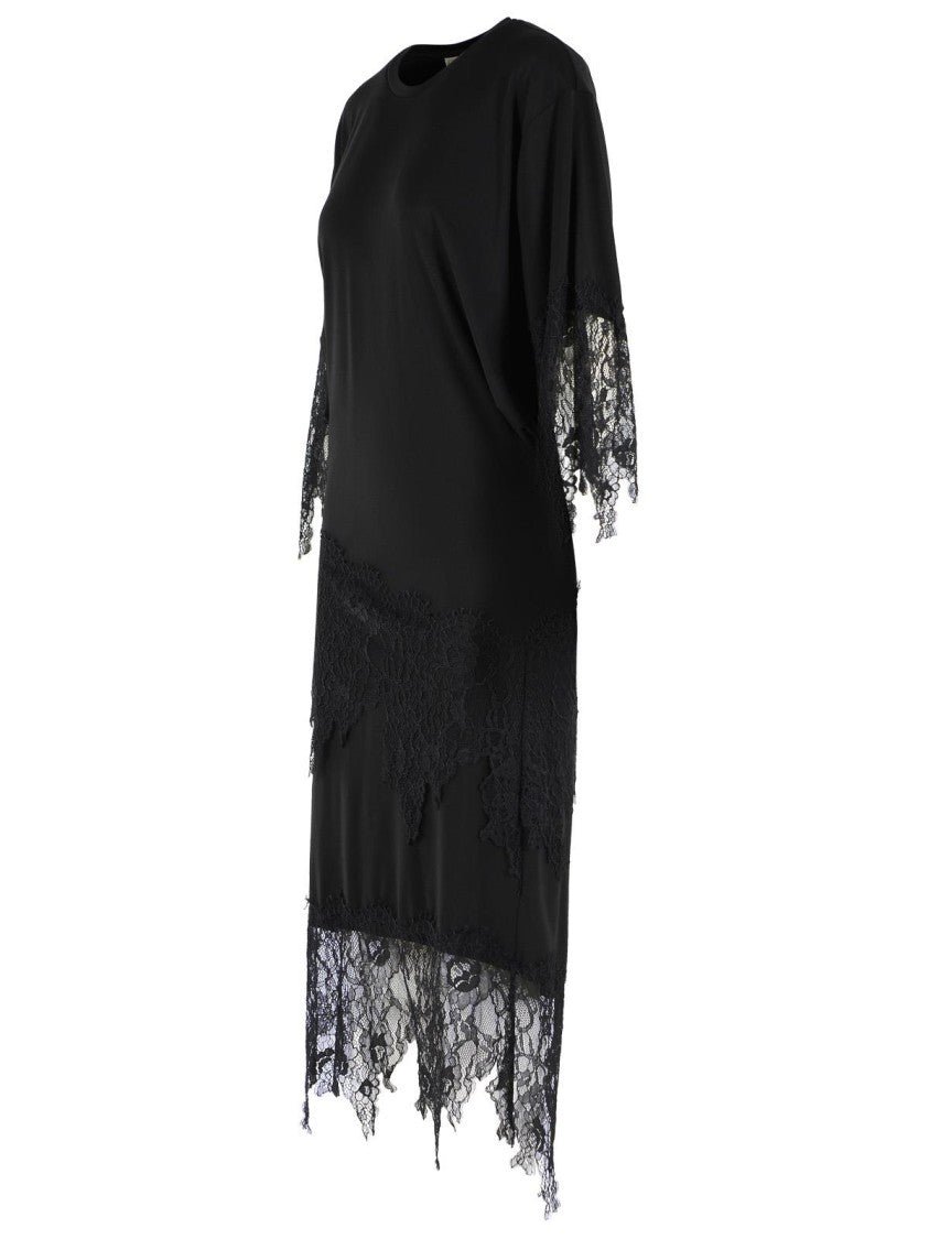 Blumarine Black Viscose Blend Midi Dress With Tonal Lace Accents