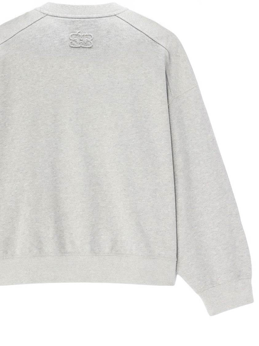 Ganni Cropped Light Grey Embroidered Cotton Sweatshirt