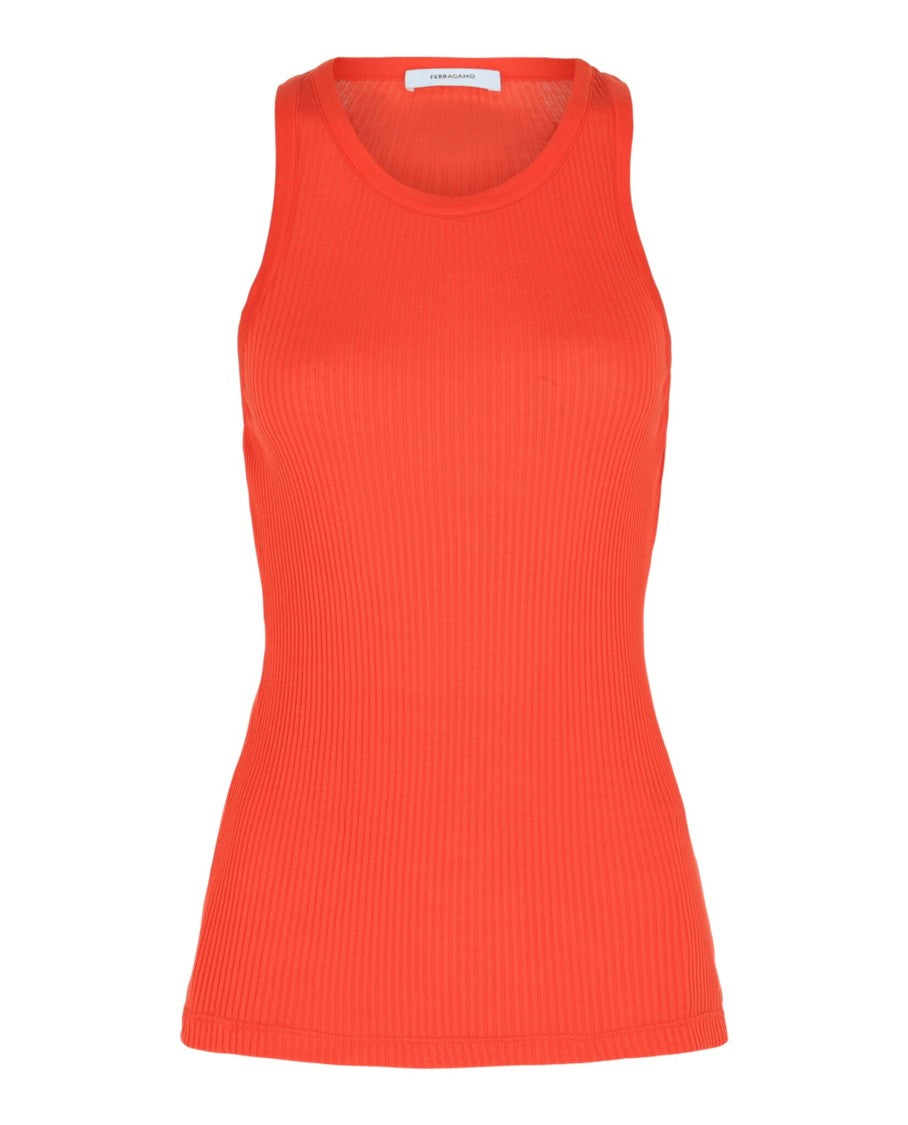 Ferragamo Fitted Ribbed Tank Top With Round Neckline And Silver-Tone Logo
