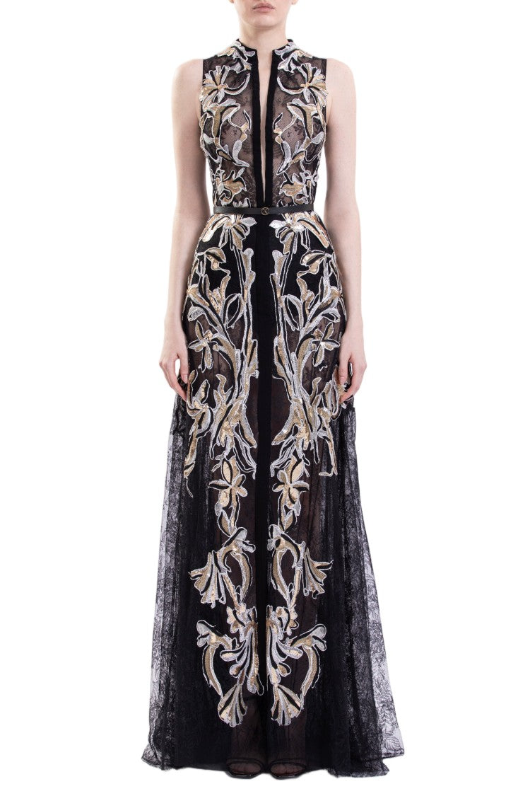 Saiid Kobeisy Jet-Black Lace Dress With Intricate Floral Embroidery