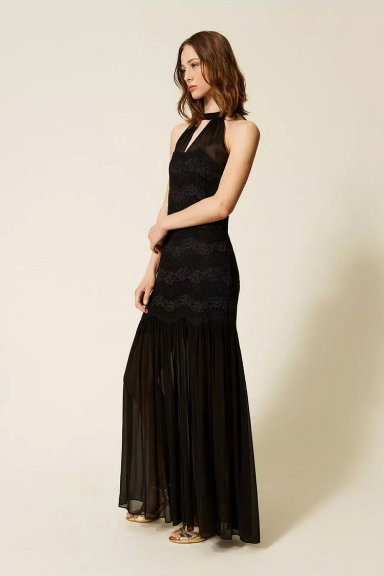Twin-Set Black Halterneck Lace Panel Keyhole Viscose-Blend Maxi Dress