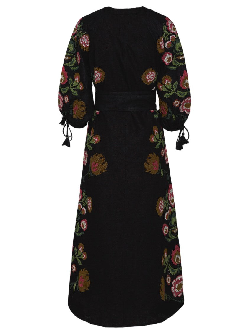 Philippa 1970 Black Linen Dress With Colorful Floral Embroidery