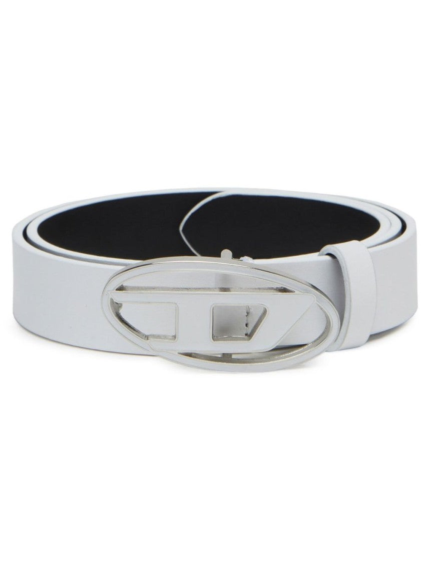 Diesel White Belt With Glossy Finish And Oval Buckle